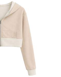 Sudadera con capucha corta para mujer, personalizada por el fabricante, con cremallera, color beige y bloques de color en felpa de algodón, estilo casual y urbano. - Product Image 3