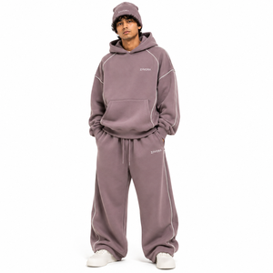 Unisex 3PC Tracksuit Matching Set Oversized Hoodie Baggy Trousers <b>Beanie</b> Contrast Piping Cotton <b>Fleece</b> High Street Private Label - Product Image 1