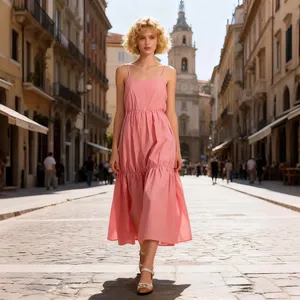 Women Elegant Pink Cotton Midi Dress Sleeveless <b>Spaghetti</b> <b>Strap</b> Casual Summer Boho Dress - Product Image 2