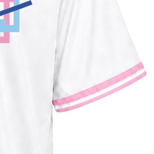 เสื้อเบสบอลสีขาวสำหรับผู้หญิง แขนสั้น คอวีติดกระดุมด้านหน้า แต่งขอบสีชมพู พร้อมลายปัก สำหรับกีฬาทีมและสวมใส่ลำลอง - Product Image 5