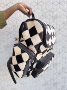 Unique Designer Cowhide Leather <b>Backpack</b> Softback Unisex Day <b>Backpack</b> Multiple Pockets Checks Design School Bag Zipper Closure - Product Image 3