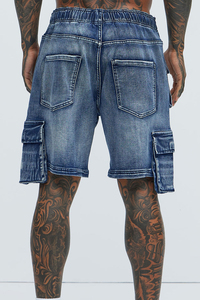 Pantalones Cortos Cargo de Mezclilla Azul para Hombre, Cintura Media, Cierre Elástico, con Bolsillos con Solapa, Estilo Casual, Acabado Lavado - Product Image 3