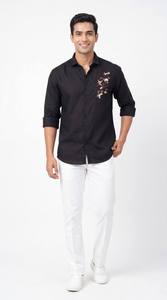 Chemise en lin pour homme avec broderie raffinée, manches longues, col ouvert, coupe classique, boutonnée devant, style décontracté chic, mode resort - Product Image 4