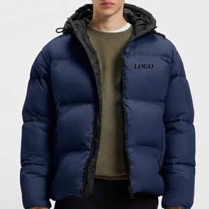 Veste d'hiver décontractée pour homme, bleu marine, à capuche, rembourrée de duvet, coupe-vent, avec broderie du logo sur le devant, fermeture éclair - Product Image 1