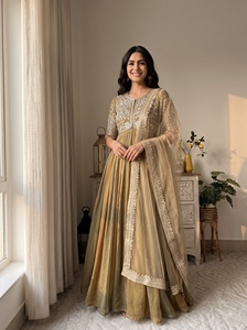 Pure Moss Silk Beads Work Anarkali Gown Suit With Stitched Micro Cotton Bottom And <b>Butterfly</b> Net Lace Dupatta For Women ZW 247 - Product Image 5