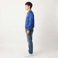 Blouson Bomber Unisexe en Satin de Soie 100% Bleu Royal, Couleur Unie, Boutons sur le Devant, Col Montant Rayé, Poignets Légers