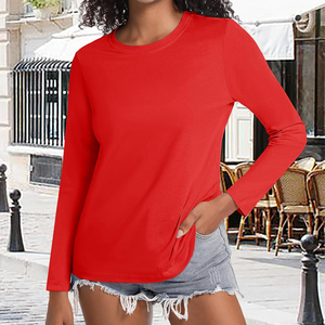 Camiseta de Manga Larga Roja para Mujer, Cuello Redondo, 100% Algodón Jersey, Tejido Casual, Color Sólido, Transpirable, Corte Ajustado, Anti-Pilling - Product Image 4