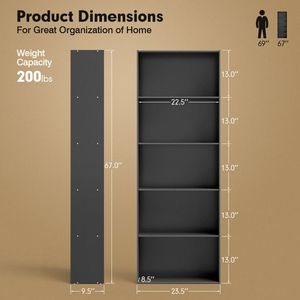 Libreria a Scala con 5 Ripiani, Scaffale Autoportante in Legno per Soggiorno e Ufficio, 23,5 x 9,5 x 67 Pollici - Product Image 4