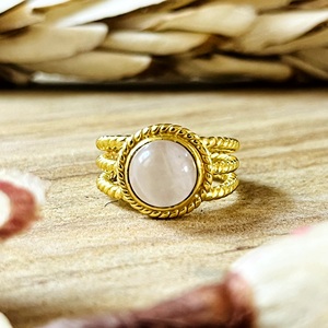 Trendy Rose Quartz <b>Rings</b> Boho Brass Band Jewelry for Women 18k <b>Gold</b> Plated Antique Tribal Twist Halo Design for Wholesale/OEM - Product Image 1
