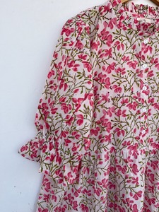 Women Pink Floral Cotton Maxi Dress Balloon Sleeve Ruffle Collar Button Front Flared Tiered <b>Summer</b> Dress Private Label Clothing - Product Image 4