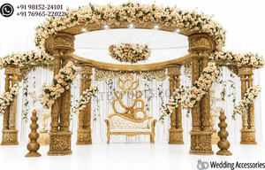 Mandap de mariage doré de luxe avec piliers sculptés ornés, grand mandap de mariage de destination avec finition royale dorée à vendre - Product Image 3