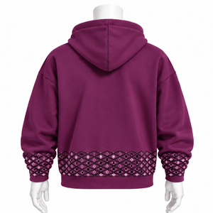 Sweat-shirt à capuche pour homme en molleton épais, couleur prune, avec bordure brodée, ourlet décoratif et poche kangourou, pour usage décontracté en hiver - Product Image 2