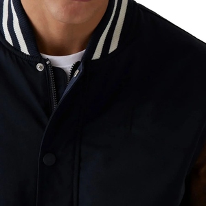 <b>Men's</b> Navy Bomber <b>Jacket</b> <b>Brown</b> PU <b>Leather</b> Sleeves Stand Collar Covered Button Closure Breathable Fleece Lining High Street Style - Product Image 3