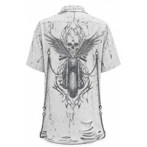 เสื้อเชิ้ตแขนสั้นพิมพ์ลายกอธิคสำหรับฤดูร้อน พร้อมโซ่และปกเสื้อแบบพับได้ขาดๆ แนวลำลองสไตล์นักขี่มอเตอร์ไซค์ เสื้อเชิ้ตกอธิค - Product Image 3