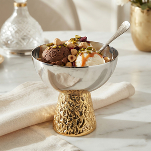 Elegant <b>Silver</b> Metal Pedestal <b>Bowl</b> Featuring A Textured Gold Base, Perfect For Luxury Tabletop Decoration & Food Serving - Product Image 3