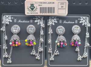 Pendientes jhumka de plata oxidada con cuentas multicolor, pulseras a juego, conjunto de joyería tradicional india para bodas y fiestas para mujeres. - Product Image 3