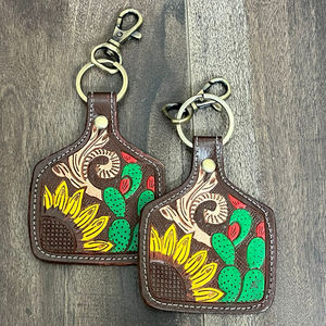 2026 New Arrival <b>Tooled</b> <b>Leather</b> Cowhide Keychain Sunflower Cactus Western Key Fob Rustic Floral Car Key Holder Gift for Women's - Product Image 4