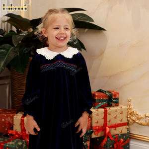 Girls' Dark <b>Purple</b> Velvet Holiday <b>Dress</b> with Petal Collar and Beaded Smocking ODM wholesale smocked <b>dress</b> for girl - DR4307 - Product Image 6