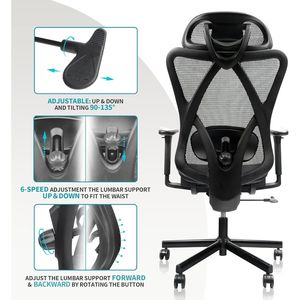 Sedia da Ufficio Ergonomica con Schienale Alto, Supporto Lombare Regolabile, Braccioli, Rete Traspirante, Ruote e Poggiatesta Inclinabile - Product Image 3