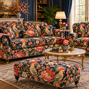 Tissu d'ameublement en velours bleu marine à motif floral pour la rembourrage des canapés et des chaises - Product Image 1