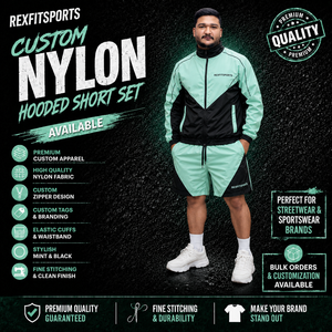 REXFIT SPORTS 2026 Ensemble de shorts en nylon noir menthe personnalisé pour homme, veste à manches courtes entièrement zippée et short à cordon de serrage, vêtements de sport personnalisés - Product Image 1