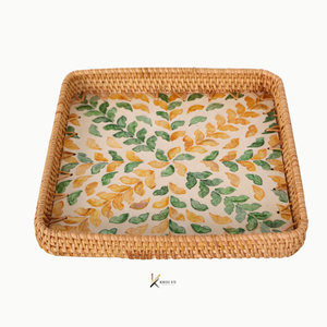 Bandeja de Servir Cuadrada de Ratán y Madera con Incrustaciones de Madreperla, Elegante, para Regalos y Decoración, Duradera, Ecológica, Hecha a Mano - Product Image 3