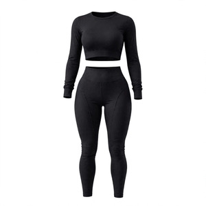 Ensemble de yoga 2 pièces personnalisé pour femme : haut court à manches longues et col rond, leggings taille haute pleine longueur, extensible et sans coutures - Product Image 1