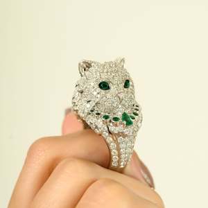 18K Art Deco Emerald <b>Cat</b> <b>Ring</b> with Invisible Set Cluster Diamonds - Product Image 1