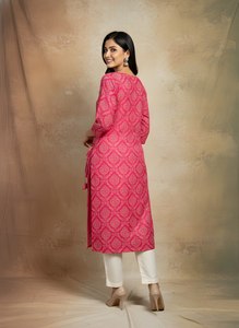 Kurti Moderno Recto de Algodón Estampado Rosa Rani para Mujer, Cuello Redondo, Manga 3/4, Largo Regular, Ropa Étnica, Túnica para Fiesta de Verano - Product Image 6