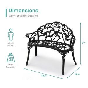 Outdoor Cast Aluminum Rose Pattern Black Patio Bench with Curved Legs for Porch or Deck - Product Image 2