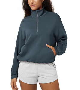 Breathable Terry Women Green Half <b>Zip</b> <b>Hooded</b> Sweatshirt Long Sleeve Solid Color Woven Streetwear Winter Wear Custom Logo Front - Product Image 6