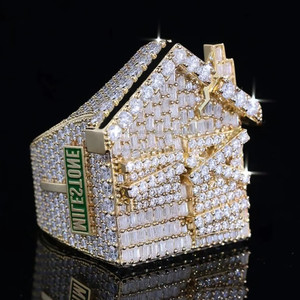 Custom <b>Iced</b> Out Trap House <b>Ring</b> VVS Moissanite Lab Diamond Baguette Cut Two Tone Statement <b>Ring</b> - Product Image 1