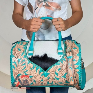Handcrafted Designer <b>Tooled</b> Genuine Cowhide <b>Leather</b> bag Vintage Embossed Floral Travel Duffel Bag for Women's speedy bag - Product Image 1
