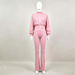 2026 Custom Logo Women's One <b>Set</b> Striped Tracksuit Contrast Piping Zip Crop Jacket High Waisted Flare Pants Sportswear Spring - Product Image 4