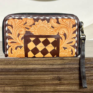 Vintage Style Handcrafted Tooled Checkered Leather Floral Embossing Zipper Clutch RFID <b>Wristlet</b> Multiple Card Holder <b>Wallet</b> - Product Image 3