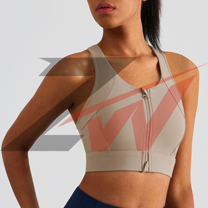 Soutien-gorge de sport gris bleu à fermeture éclair sur le devant avec logo personnalisé pour femme, maintien élevé, antichoc, rembourré, pour la course et le fitness, haut court, vêtements de sport OEM - Product Image 5