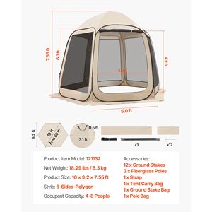 Tenda a baldacchino pop-up 10 x 9,2 piedi per 4-8 persone, portatile, con zanzariera, borsa per il trasporto, pareti laterali in rete e struttura autoportante a terra - Product Image 6