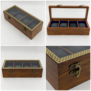 Luxury Rectangle Handcrafted 4-Slot Wooden Watch Box | Indian Rosewood Brass Inlay Glass Lid Organizer <b>Case</b> | Premium Watch - Product Image 5