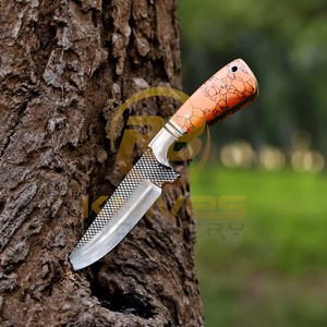 Couteau de chasse et de dépecage artisanal en acier Damas, manche en résine orange, lame pleine longueur, pour activités de plein air, camping, survie, OEM/ODM, DIY - Product Image 2