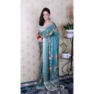 Écharpe en soie tussar douce bleu poussière Elite Weaves, imprimé naturel, tissée Zari, 450g - Product Image 3