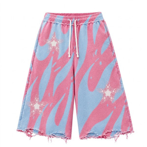 Pantalones Cortos Bermuda para Hombre, Estilo Urbano, Cintura Elástica, 100% Algodón, Color Liso, Logotipo Frontal, Rosa Azul, Bajo Deshilachado, Holgados - Product Image 1