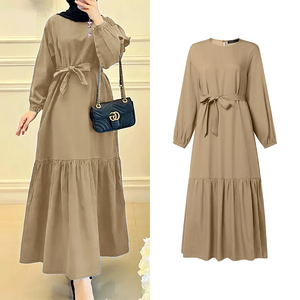 ชุดเดรสยาวมุสลิมแบบเรียบร้อยสำหรับผู้หญิง แขนยาวผ้าเดนิมเทียม ผูกเอว ชายระบาย ชุดอาบายะห์ ฮิญาบอิสลาม ชุดเดรสผู้หญิง - Product Image 2