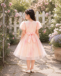 Robe de fête en tulle à imprimé floral pour filles avec manches bouffantes |   Robe élégante pour occasions spéciales - Product Image 5