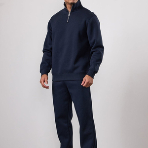Men's Navy Blue Half-<b>Zip</b> Sweatshirt Full Sleeve Solid Color Casual Midweight 100% Cotton Sweatsuit Set Regular Fit Autumn Wear - Product Image 1