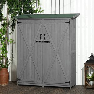 Armadio da Esterno in Legno Grigio con 3 Ripiani, Tetto Impermeabile in Asfalto, Porte Lucchettabili, Casetta da Giardino, Organizzatore per Attrezzi - Product Image 2