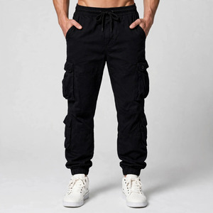 Pantalon cargo noir pour homme, plusieurs poches, taille élastique, style décontracté, tissu en coton mi-lourd, à porter au printemps - Product Image 1