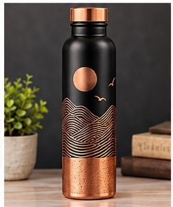 Handcrafted Copper <b>Water</b> <b>Bottle</b> with Carved Leaf Pattern and Lid Portable <b>Metal</b> Drinkware Flask - Product Image 2