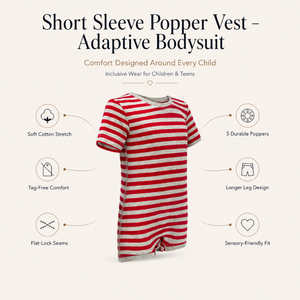 Body de Manga Corta con Cierre de Cremallera |   Ropa Sensorial Adaptable para Niños con Rayas Rojas, para Todas las Estaciones, de Algodón Suave y Elástico, Cómodo - Product Image 5
