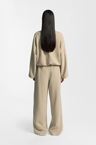 <b>Women</b> <b>Beige</b> Half-Zip <b>Tracksuit</b> Solid Color Loose Fit With Side Pockets Autumn Wear Minimalist Style Full Length Cotton - Product Image 2