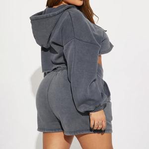 Ensemble de survêtement d'hiver de haute qualité pour femme, 2 pièces, manches longues, pantalon court, couleur unie, sweat-shirt à capuche, shorts décontractés, 100% coton - Product Image 5